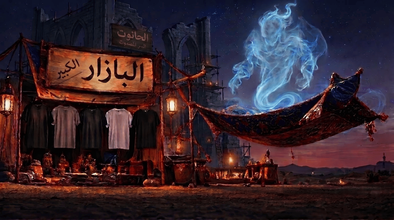 البازار الكبير في السوق الليلي ومارد دخاني أزرق وفوانيس وصرح قيد البناء يحمل الحانوت والسر المصموت